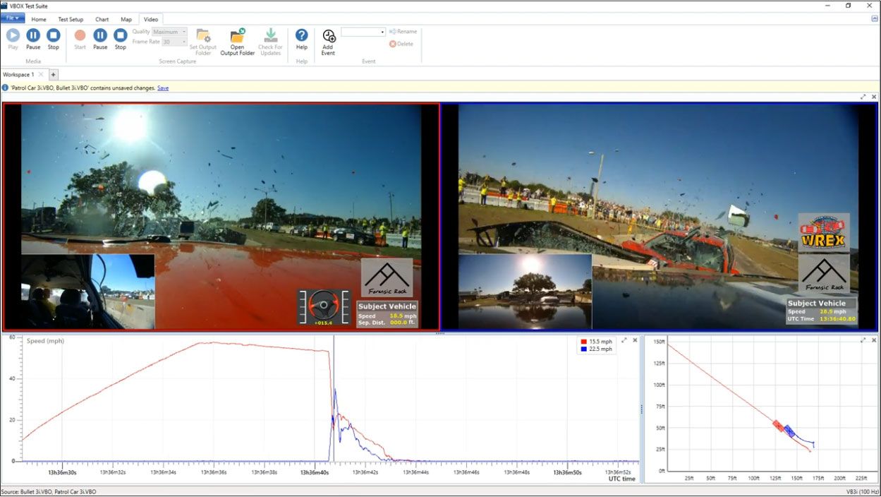Screen recording of VBOX Test Suite showing two VBOX test files with synchronised video and data, including vehicle position, delta-V, approach speed and other metrics, with real-time data overlay for immediate post-test review.